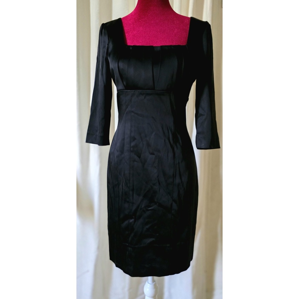 Calvin Klein Black Sheath Dress XS Size 2 Square Neck 3/4 Sleeve Cocktail LBD